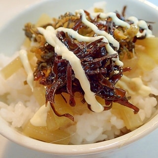 ゆずぽんマヨで　蕗の煮物と辛子高菜と昆布佃煮のご飯